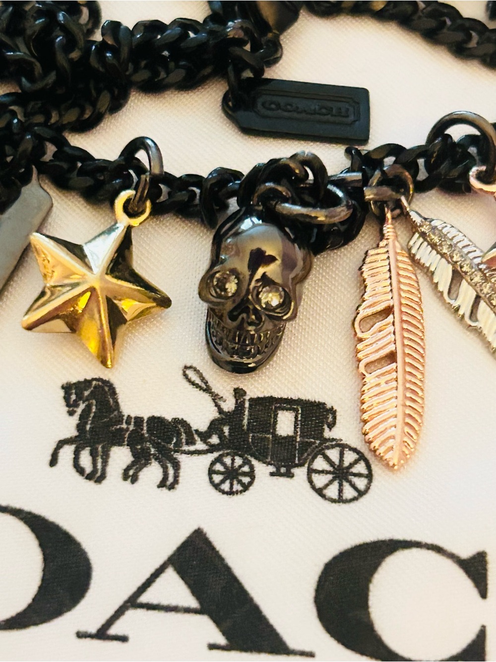 EXTREMELY RARE Coach Black Chain Necklace with Skull, Feather, Star Charms - Picture 7 of 16